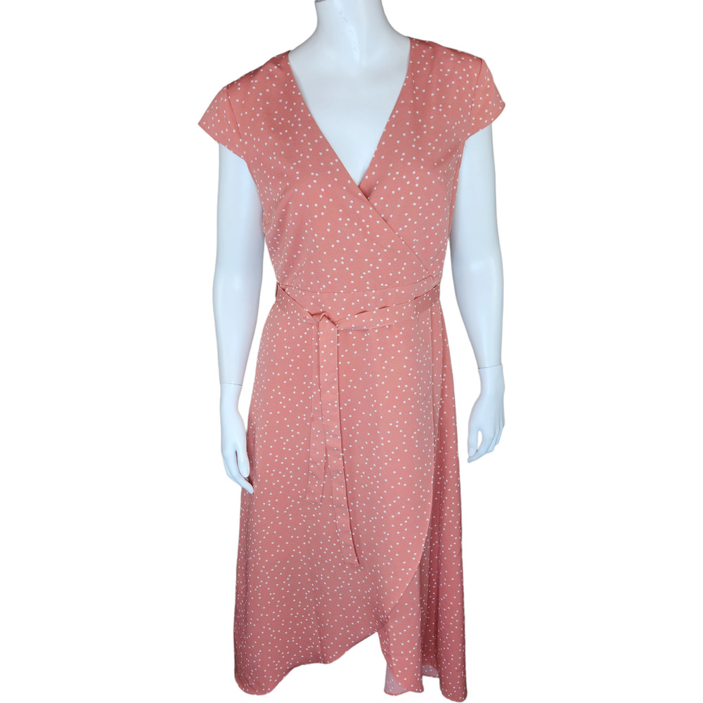 Madison Womens Medium Peach‎ Polka Dot Wrap Dress With Belt V-Neck Short Sleeve